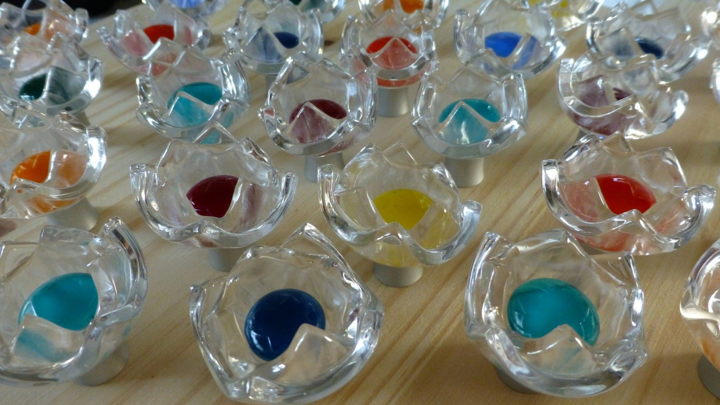 Colorful Tulip Knobs, made in USA, glass flower knob, springtime cabinet knob, cabinet pulls, made in Michigan glass flower knob, pink blue - Ann Ivory Studios