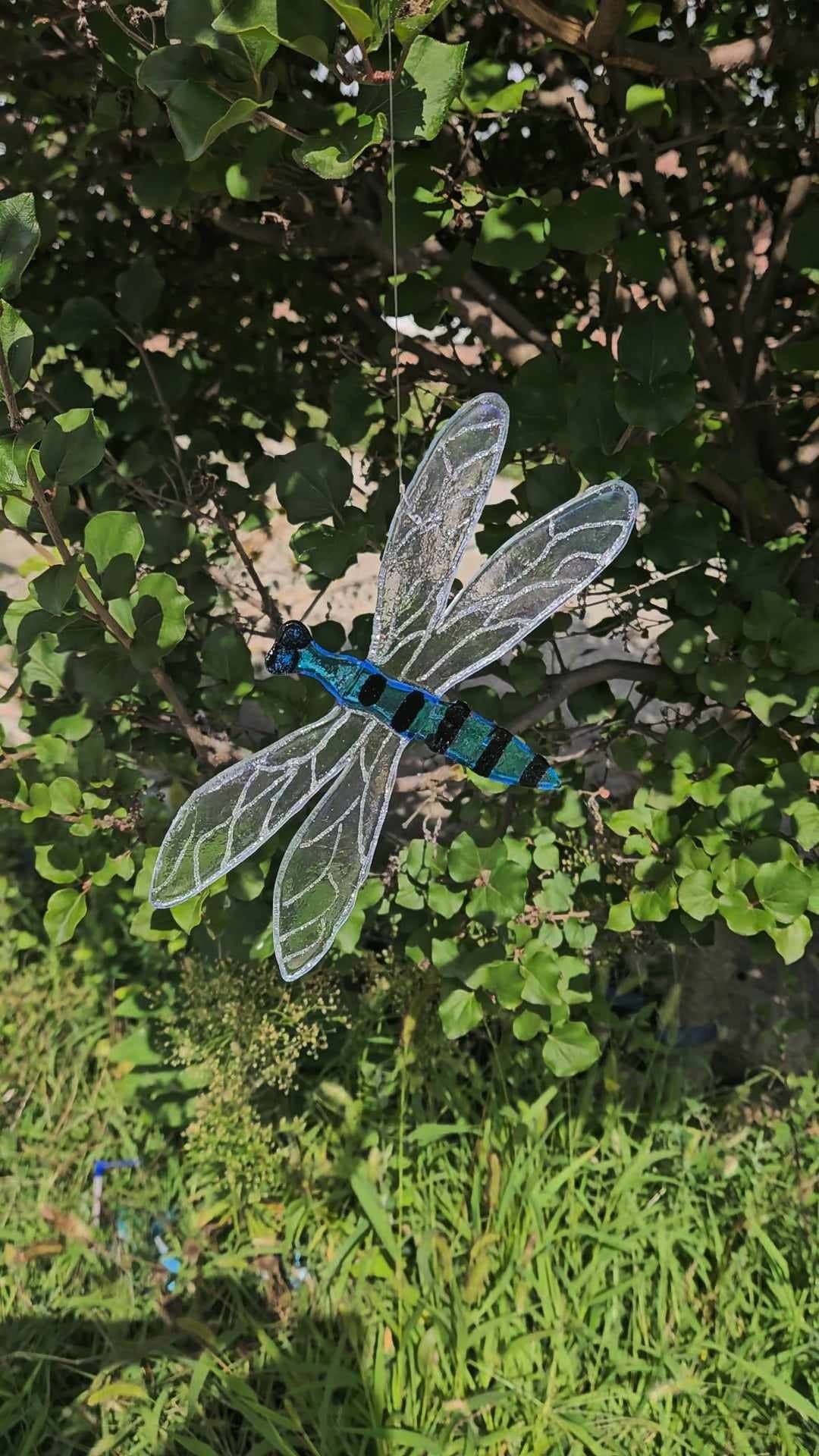 Turquoise Iridescent Glass Dragonfly Sun Catcher - Whimsical Garden Decor - Outdoor Glass Art - Kinetic Art - Ann Ivory Studios