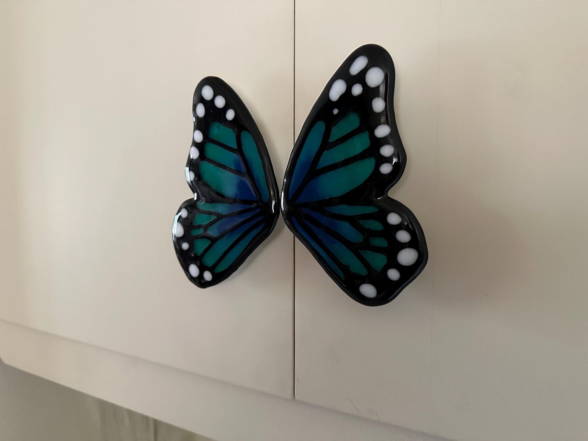 Butterfly Wings Custom Glass Cabinet Pulls, set of two wing pulls 3”cc - Custom Order - Ann Ivory Studios