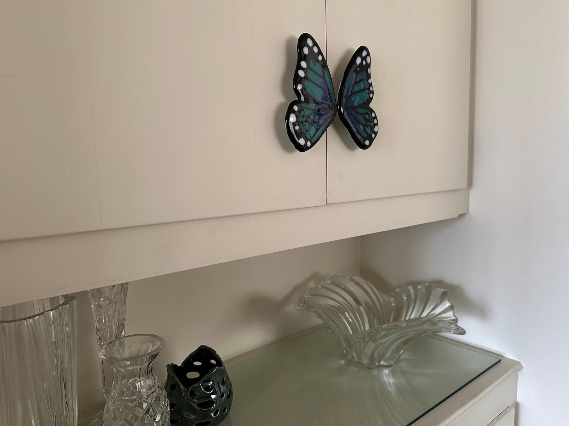 Butterfly Wings Custom Glass Cabinet Pulls, set of two wing pulls 3”cc - Custom Order - Ann Ivory Studios