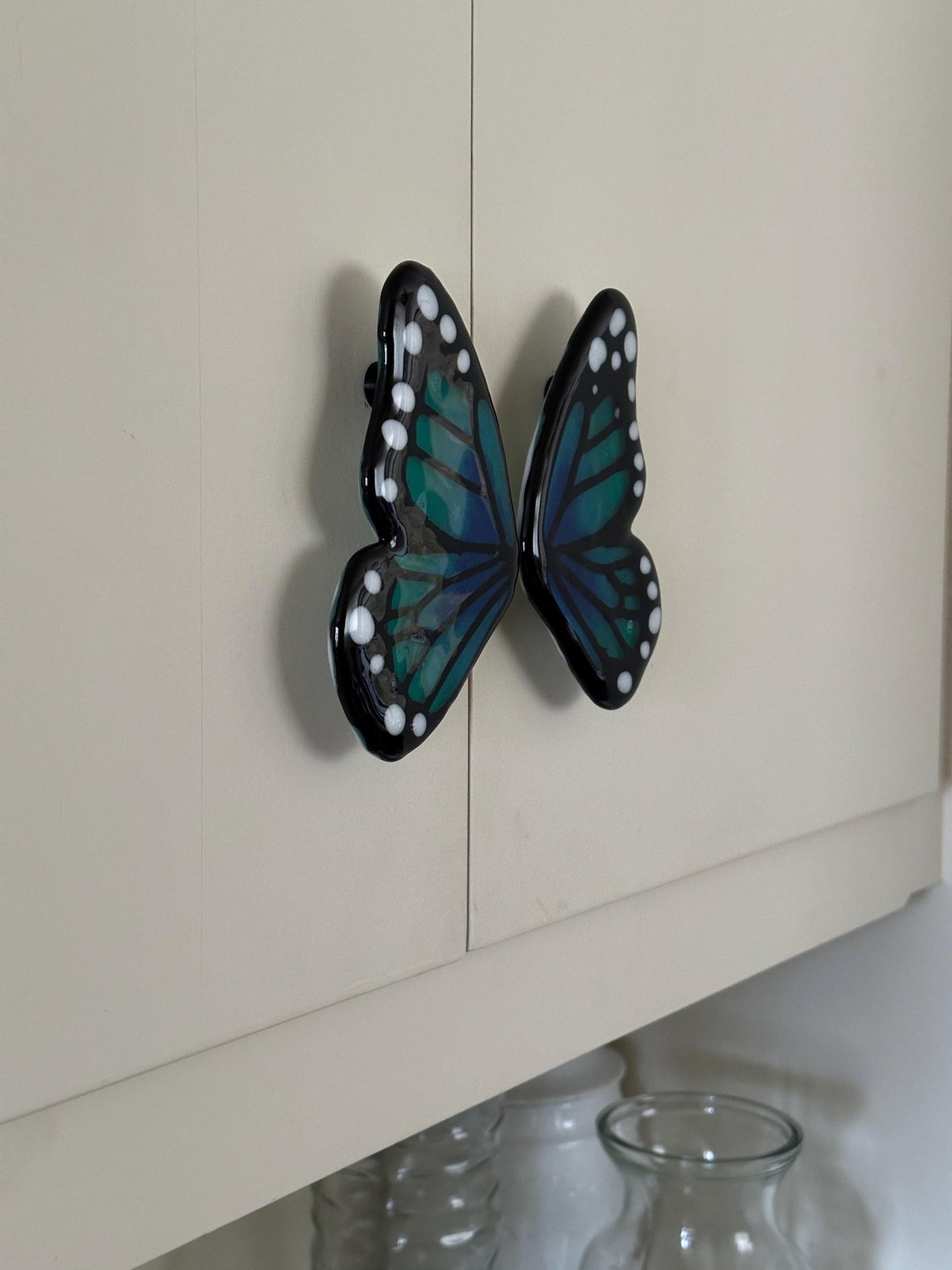 Butterfly Wings Custom Glass Cabinet Pulls, set of two wing pulls 3”cc - Custom Order - Ann Ivory Studios