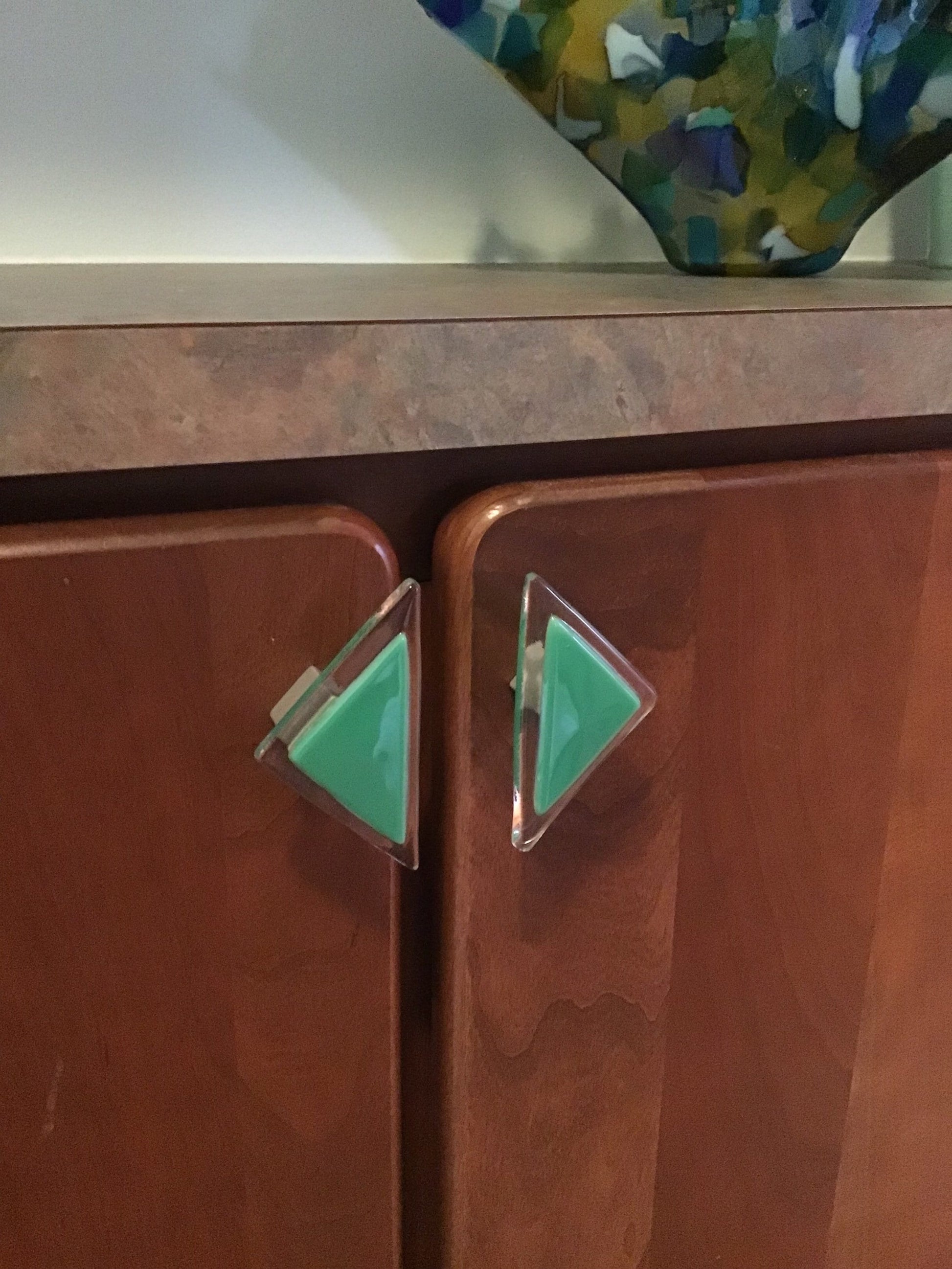 Triangle knob, Michigan made, sky blue, ocean green, mauve, glass cabinet knob, drawer pull, artisan crafted triangle knobs