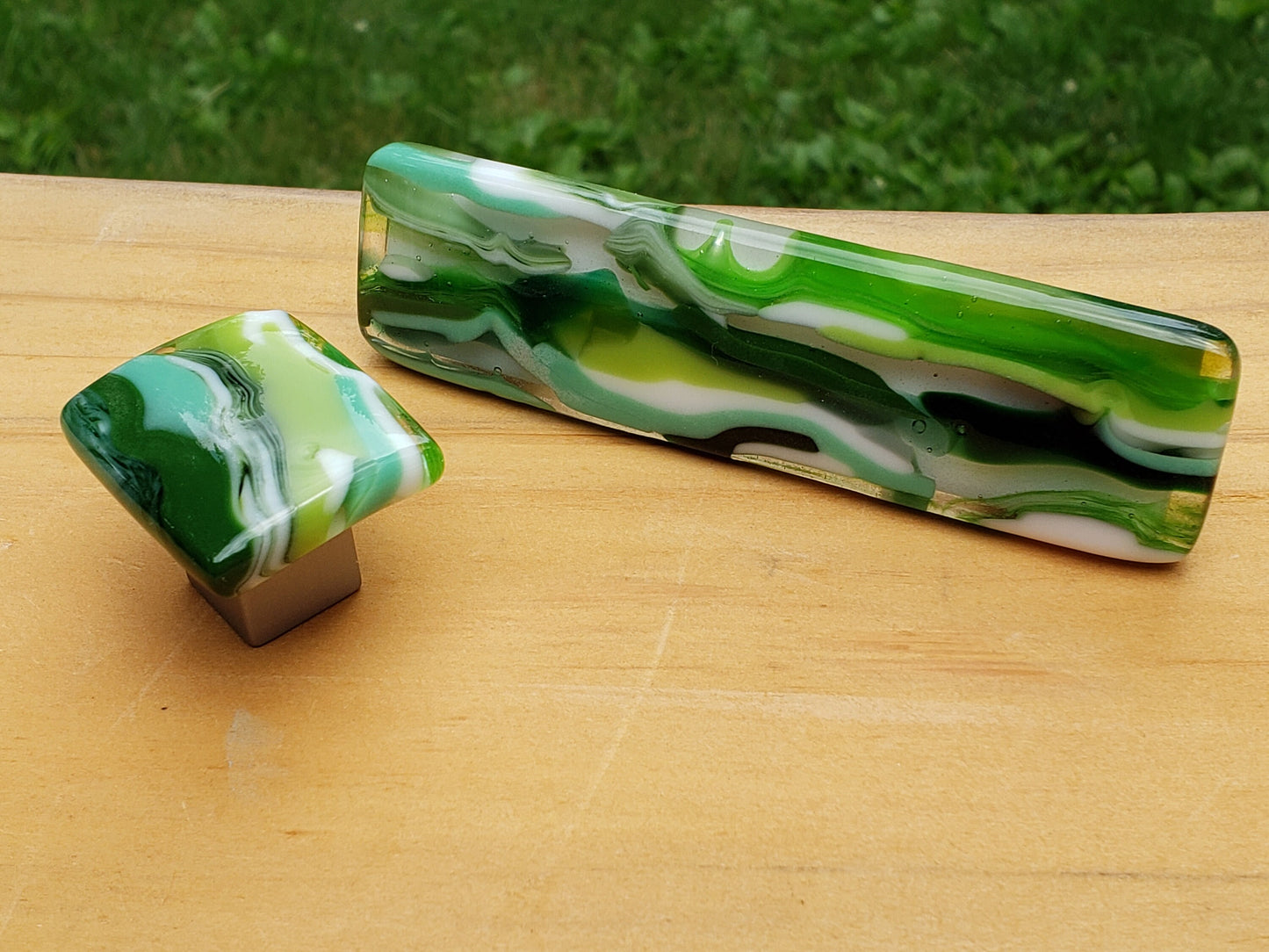 Raingarden knobs and pulls, custom made glass cabinet hardware, entirely handmade in Michigan