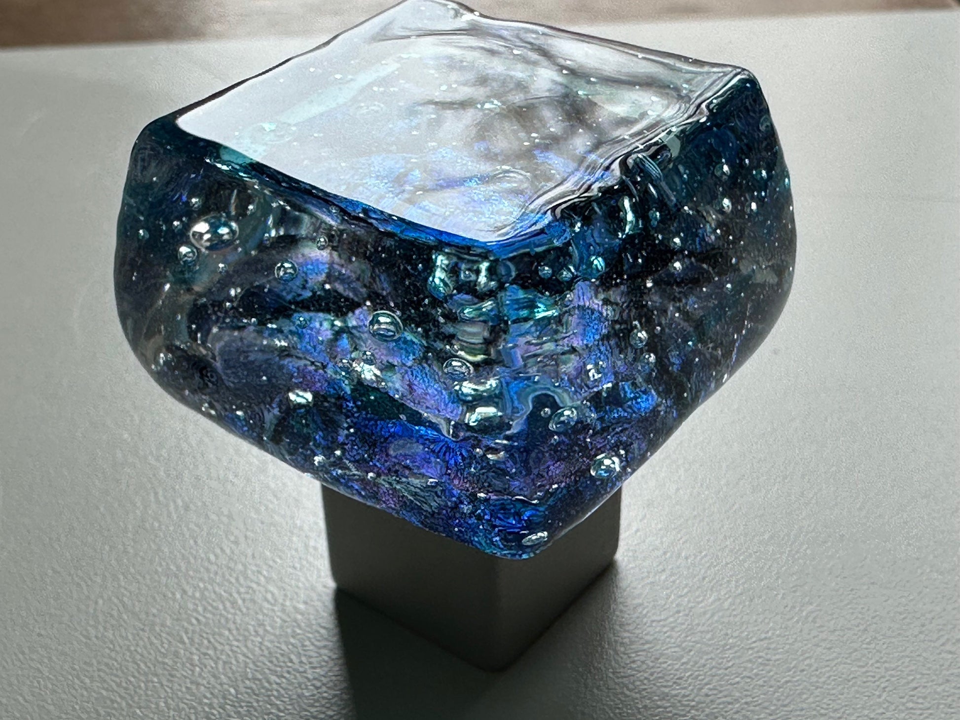 Dancing Water- Blue Bayou custom dichroic glass knob, chunky glass knob, silver blue & turquoise knob