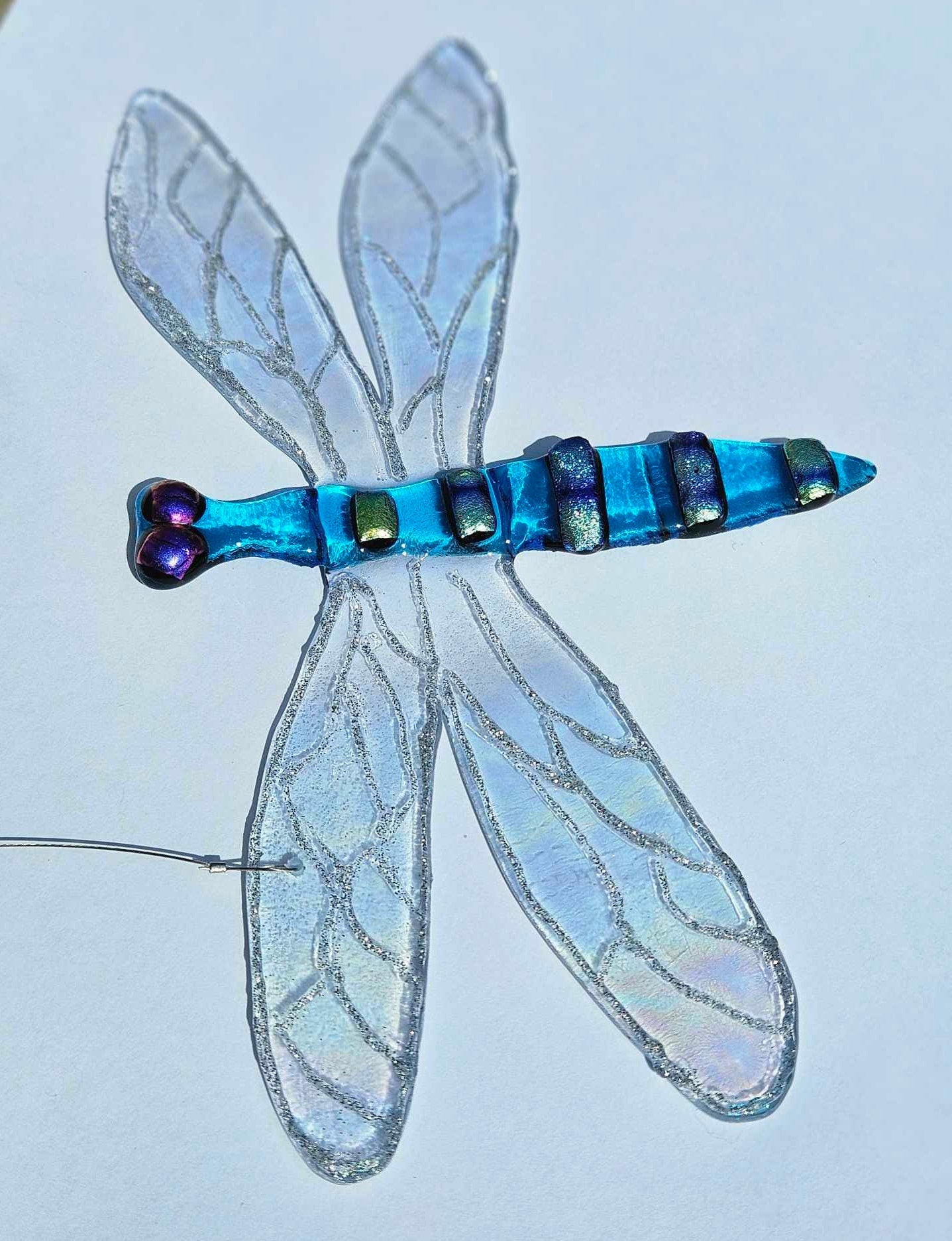 Turquoise Iridescent Glass Dragonfly Sun Catcher - Whimsical Garden Decor - Outdoor Glass Art - Kinetic Art