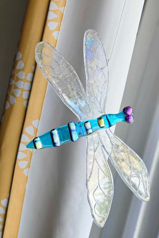 Turquoise Iridescent Glass Dragonfly Sun Catcher - Whimsical Garden Decor - Outdoor Glass Art - Kinetic Art