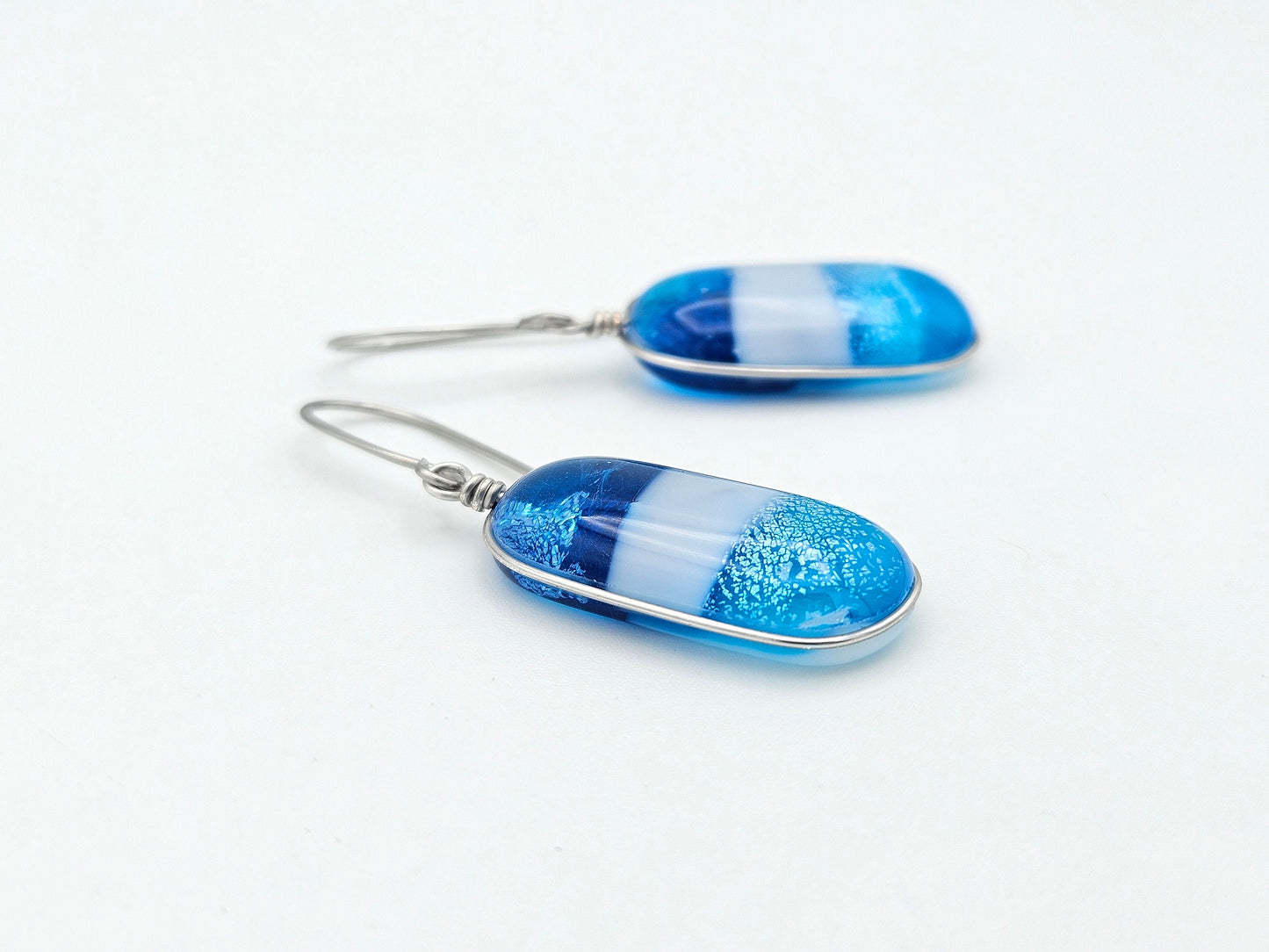 Blue Lagoon Shimmer - Handmade Fused Glass Dangle Earrings - Made in Michigan - Fun Abstract Jewelry