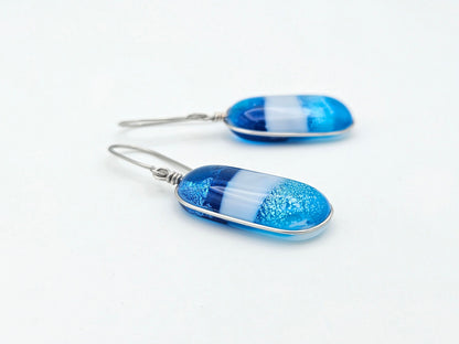 Blue Lagoon Shimmer - Handmade Fused Glass Dangle Earrings - Made in Michigan - Fun Abstract Jewelry