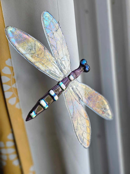 Purple Iridescent Glass Dragonfly Sun Catcher - Whimsical Garden Decor - Outdoor Glass Art - Kinetic Art