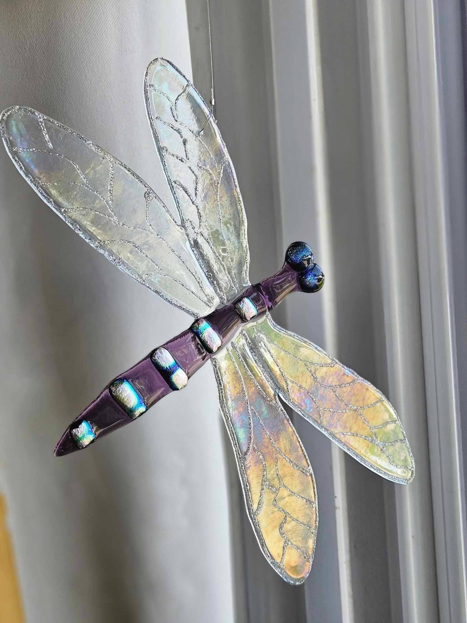 Purple Iridescent Glass Dragonfly Sun Catcher - Whimsical Garden Decor - Outdoor Glass Art - Kinetic Art