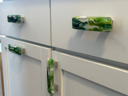 Raingarden knobs and pulls, custom made glass cabinet hardware, entirely handmade in Michigan