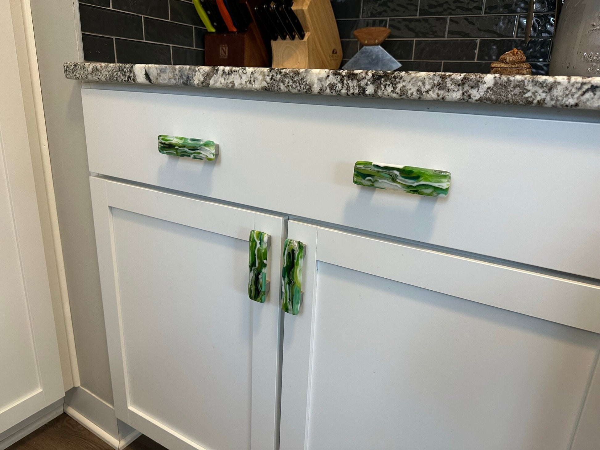 Raingarden knobs and pulls, custom made glass cabinet hardware, entirely handmade in Michigan