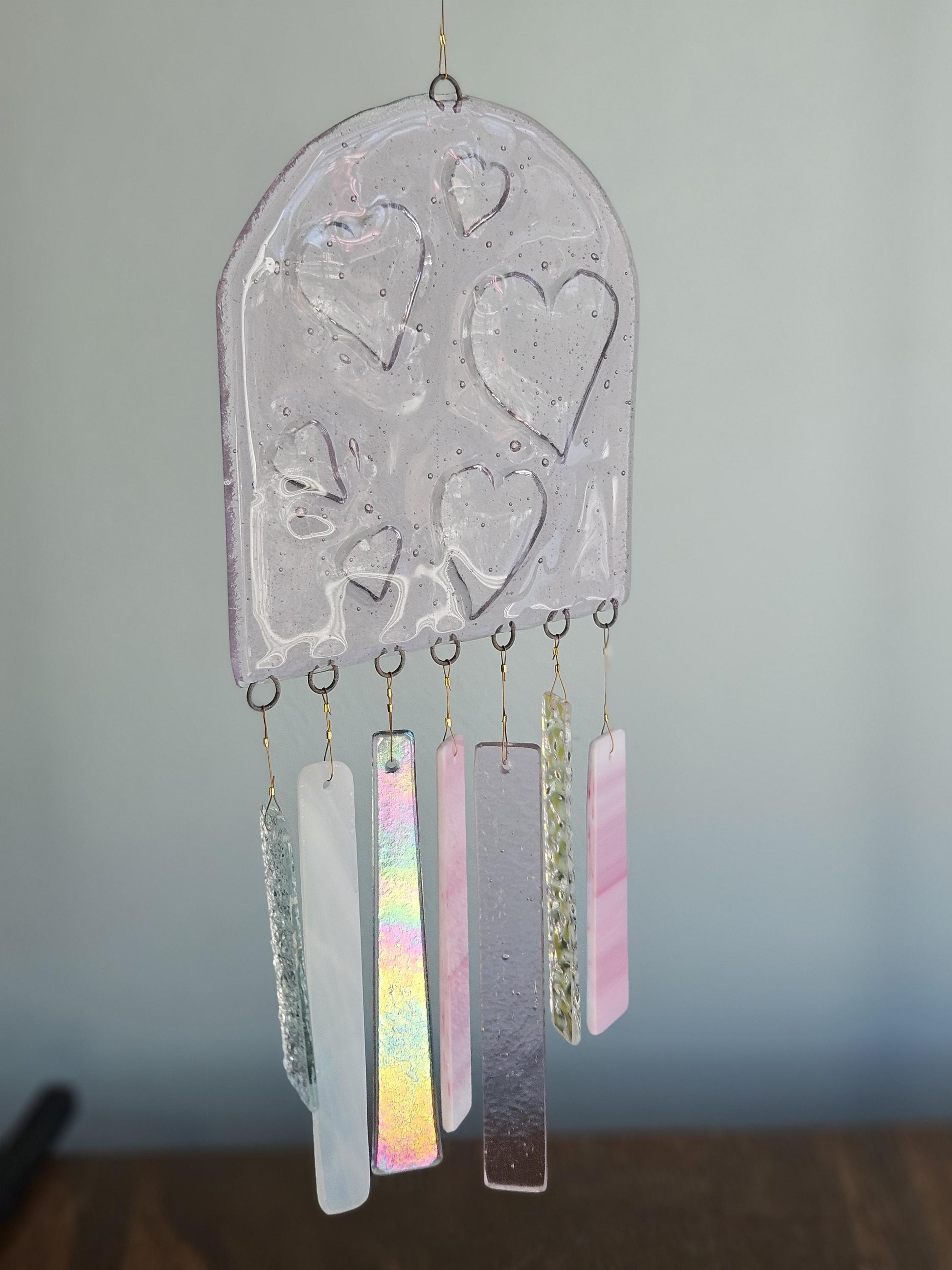 Glass Wind Chimes - Pink Hearts - High Quality Colorful Outdoor Decor and Garden Gifts - Made in USA