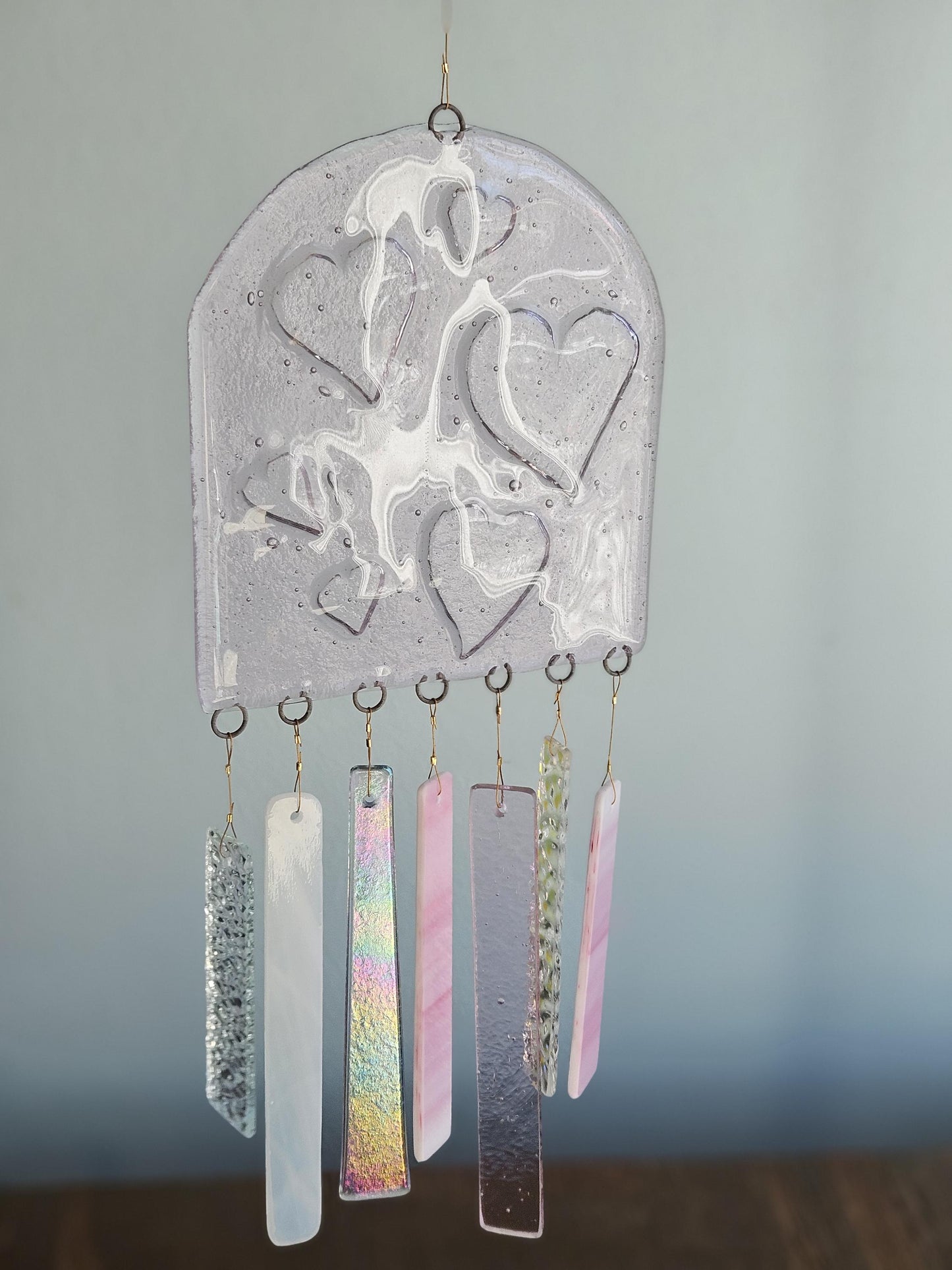 Glass Wind Chimes - Pink Hearts - High Quality Colorful Outdoor Decor and Garden Gifts - Made in USA