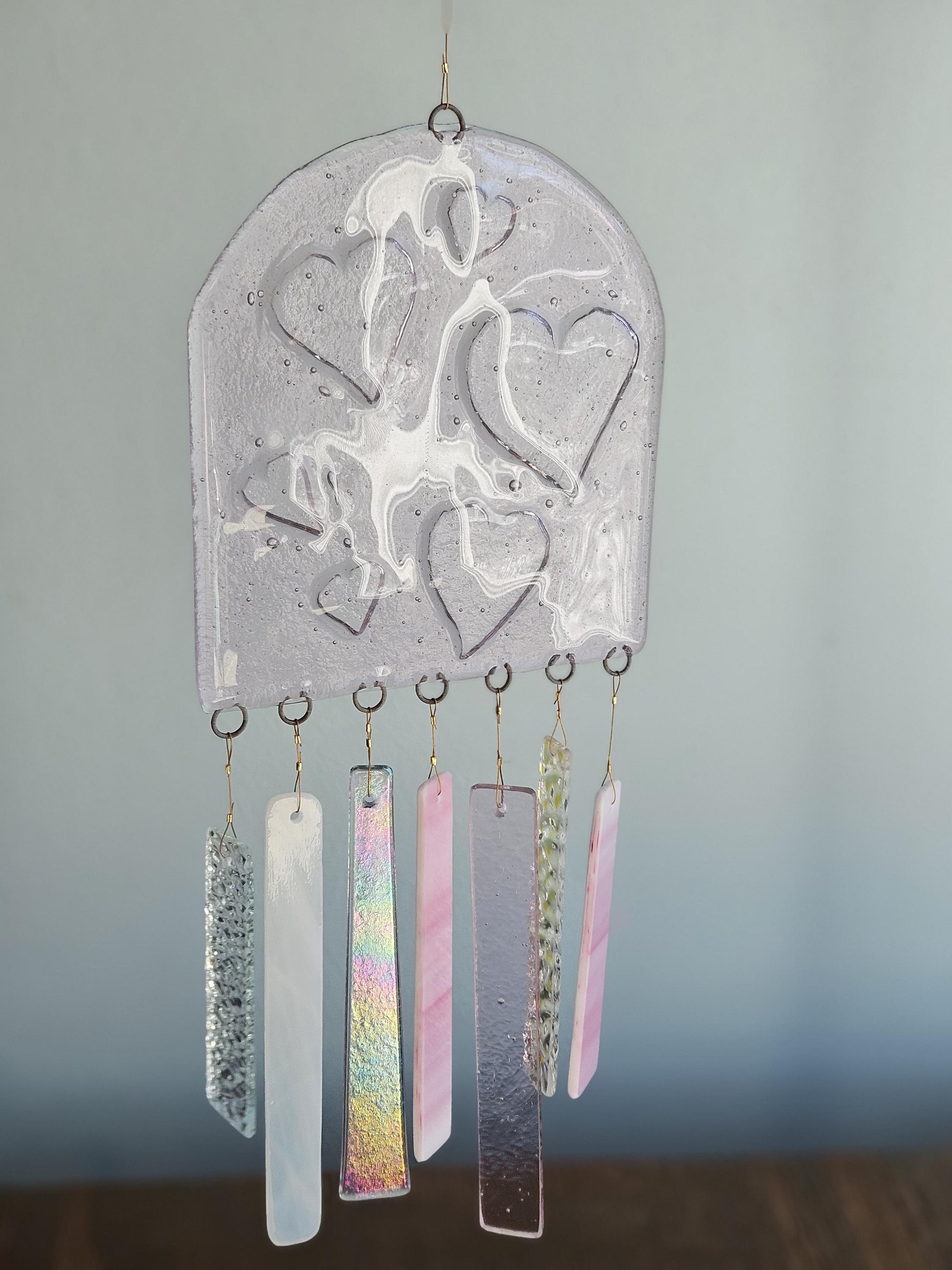 Glass Wind Chimes - Pink Hearts - High Quality Colorful Outdoor Decor and Garden Gifts - Made in USA