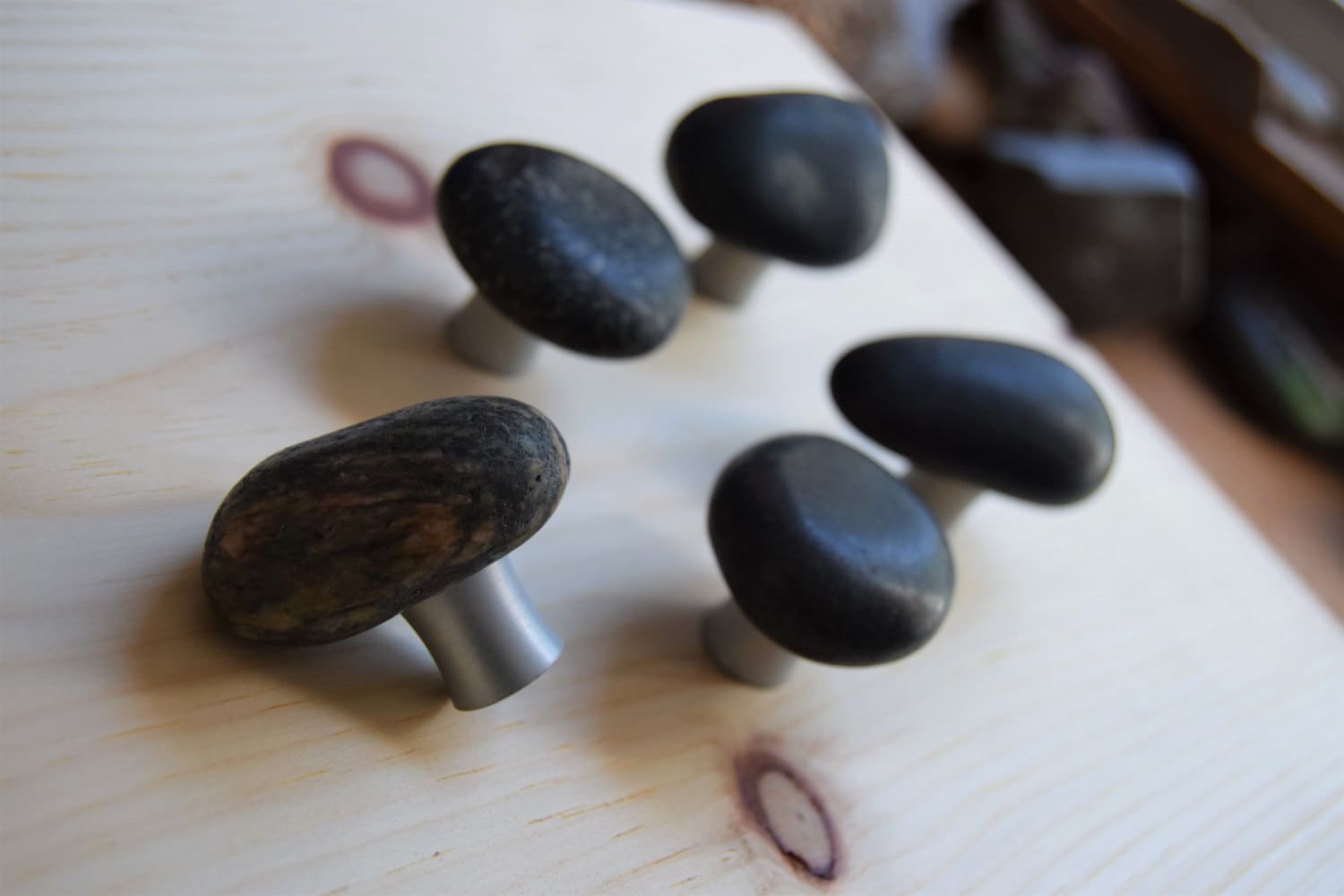 Stone Cabinet Knob - Silver Base - Natural Mountain Midnight Collection - Ann Ivory Studios
