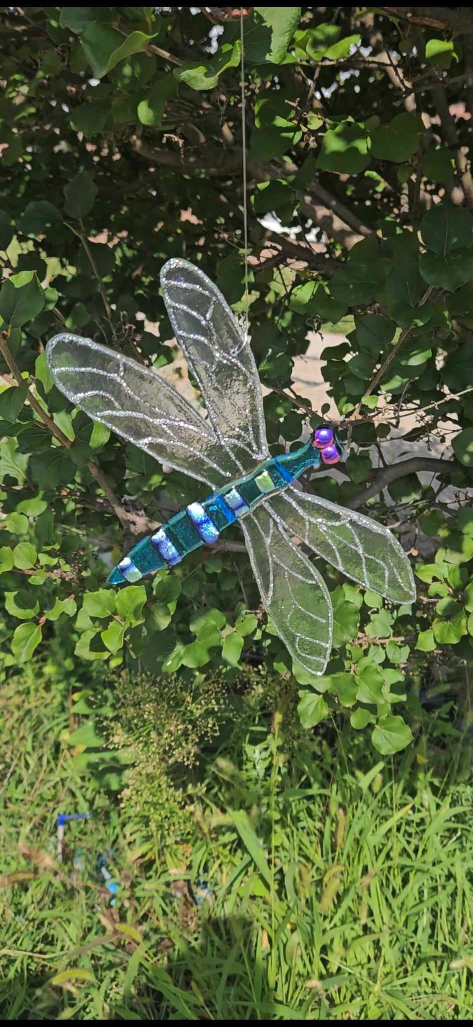 Turquoise Iridescent Glass Dragonfly Sun Catcher - Whimsical Garden Decor - Outdoor Glass Art - Kinetic Art - Ann Ivory Studios