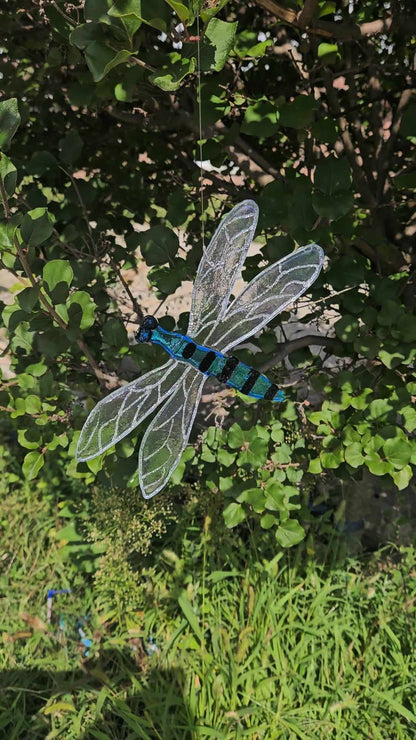 Turquoise Iridescent Glass Dragonfly Sun Catcher - Whimsical Garden Decor - Outdoor Glass Art - Kinetic Art - Ann Ivory Studios