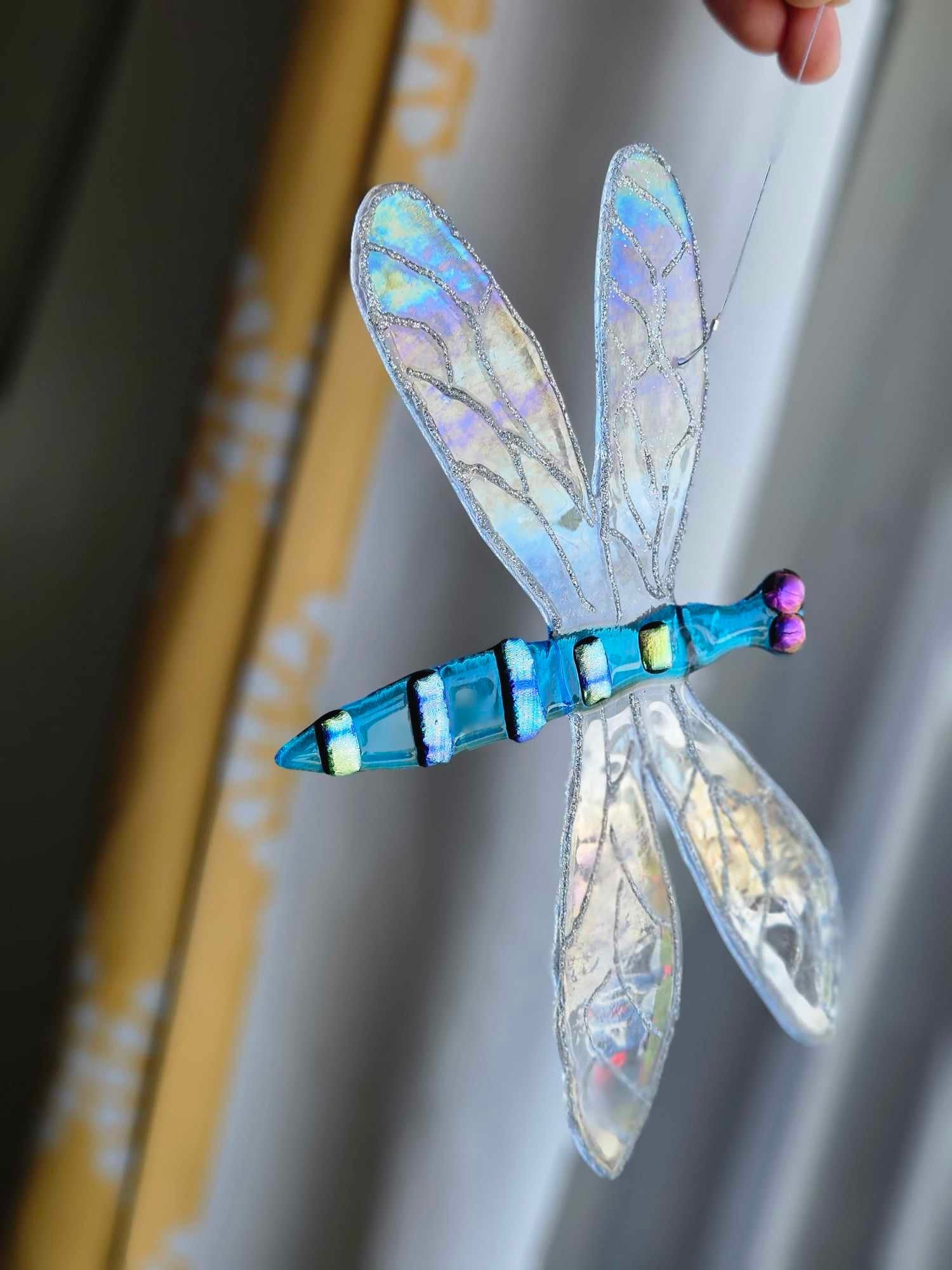Turquoise Iridescent Glass Dragonfly Sun Catcher - Whimsical Garden Decor - Outdoor Glass Art - Kinetic Art - Ann Ivory Studios